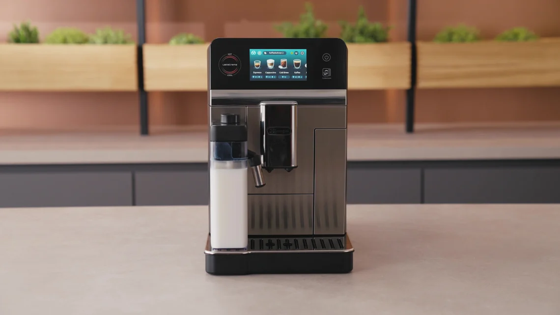 Die De'Longhi Eletta Ultra mit 4,3-Zoll-Touchdisplay und Milchkaraffe.